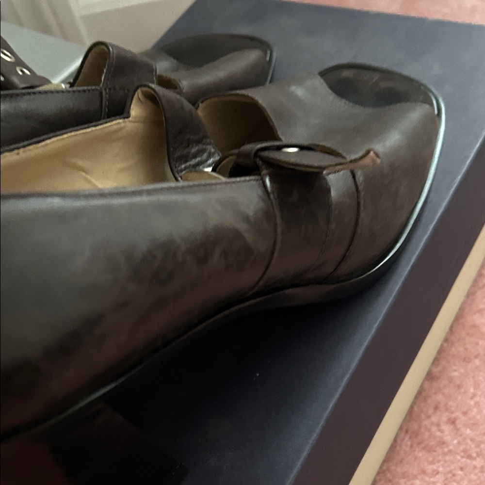 Enzo Angiolini Chocolate Buckle Peep Toe Heels - Picture 5 of 6